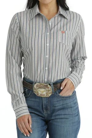 Women's Cinch MSW9163021 Arenaflex White/Light Blue Stripe Button Down Western Shirt CLOSEOUT