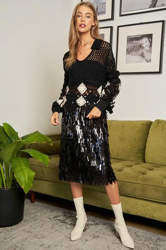 Womens Crochet V Neck Long Sleeve Knit Sweater Top