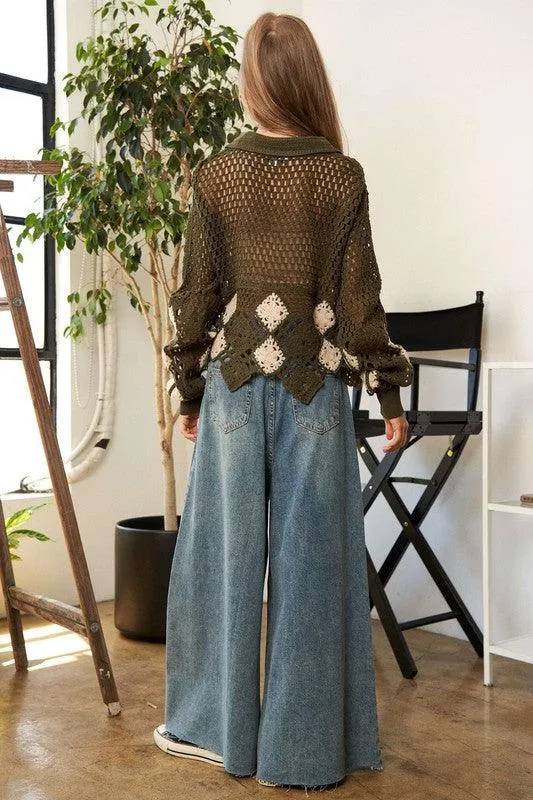 Womens Crochet V Neck Long Sleeve Knit Sweater Top