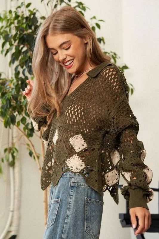 Womens Crochet V Neck Long Sleeve Knit Sweater Top