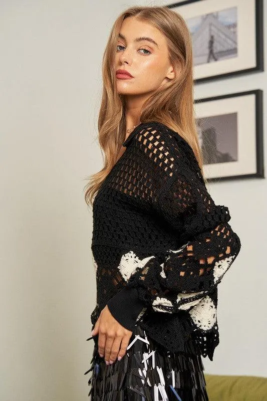 Womens Crochet V Neck Long Sleeve Knit Sweater Top