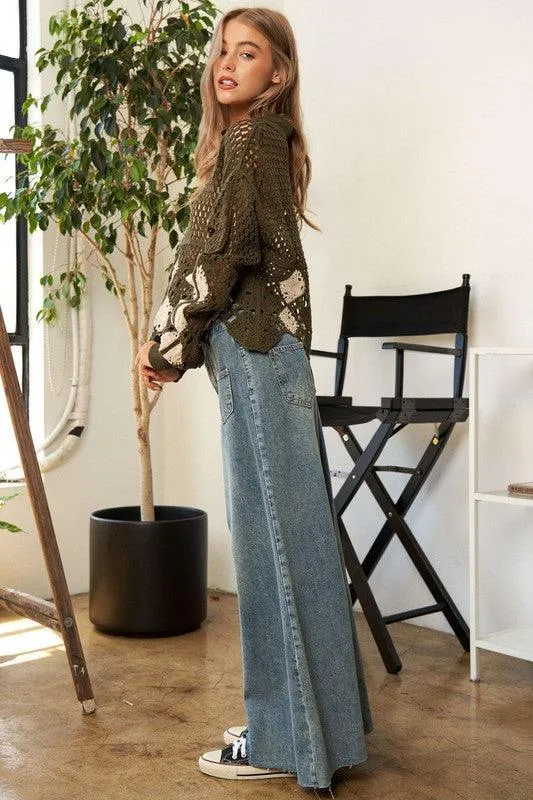 Womens Crochet V Neck Long Sleeve Knit Sweater Top