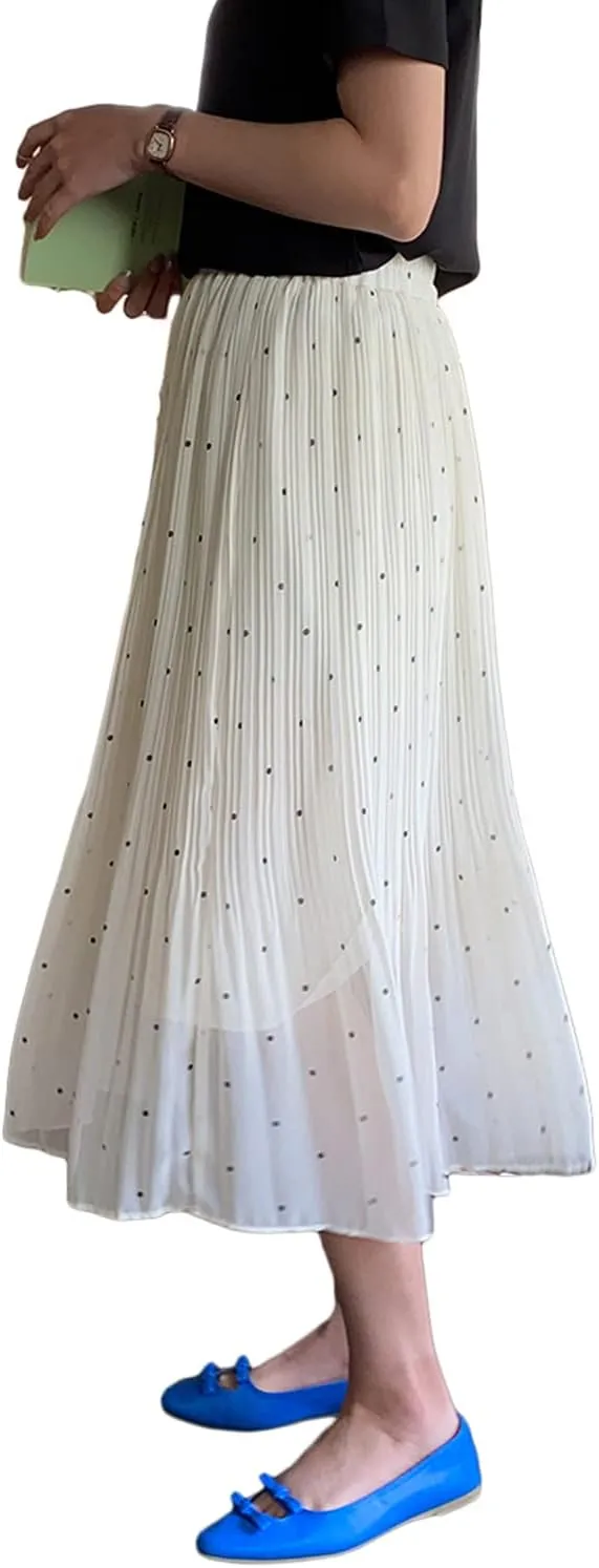 Women's Dot Print Midi Skirts Elastic High Waist Double Layer Chiffon Pleated Skirts Summer Casual A-line Skirts