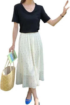 Women's Dot Print Midi Skirts Elastic High Waist Double Layer Chiffon Pleated Skirts Summer Casual A-line Skirts