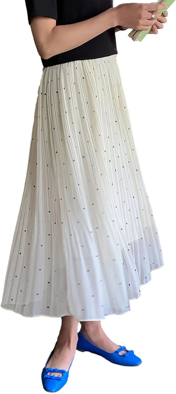 Women's Dot Print Midi Skirts Elastic High Waist Double Layer Chiffon Pleated Skirts Summer Casual A-line Skirts
