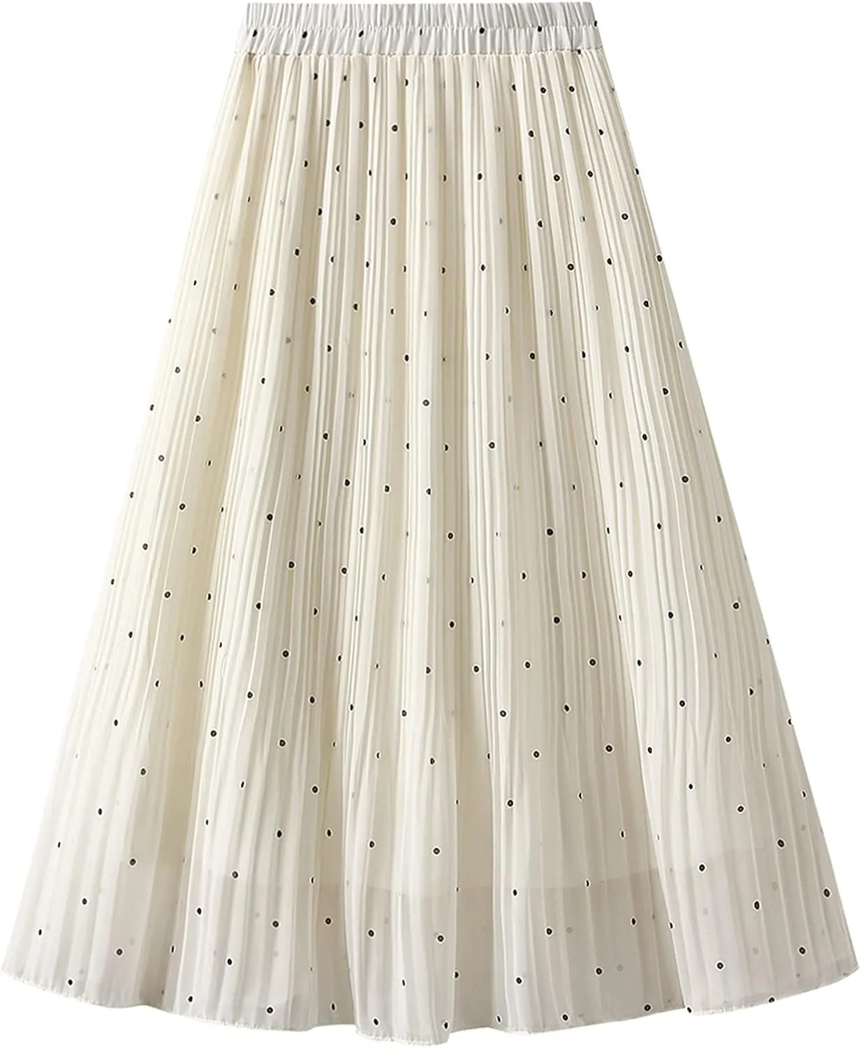 Women's Dot Print Midi Skirts Elastic High Waist Double Layer Chiffon Pleated Skirts Summer Casual A-line Skirts