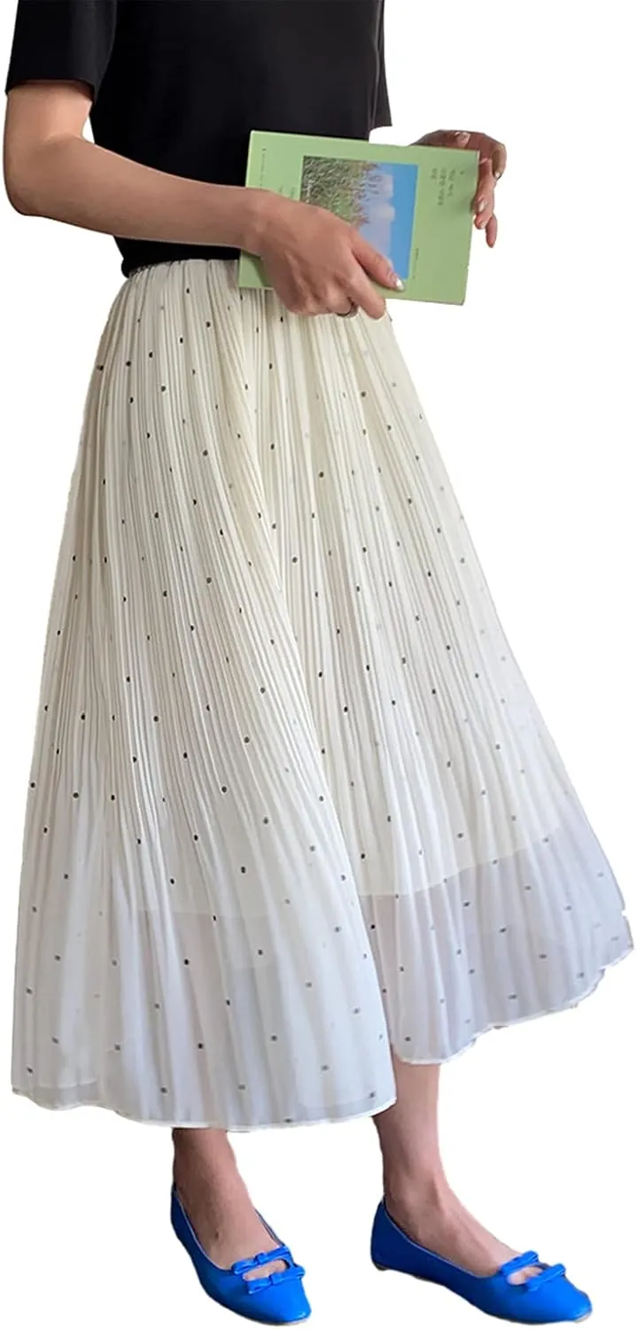 Women's Dot Print Midi Skirts Elastic High Waist Double Layer Chiffon Pleated Skirts Summer Casual A-line Skirts