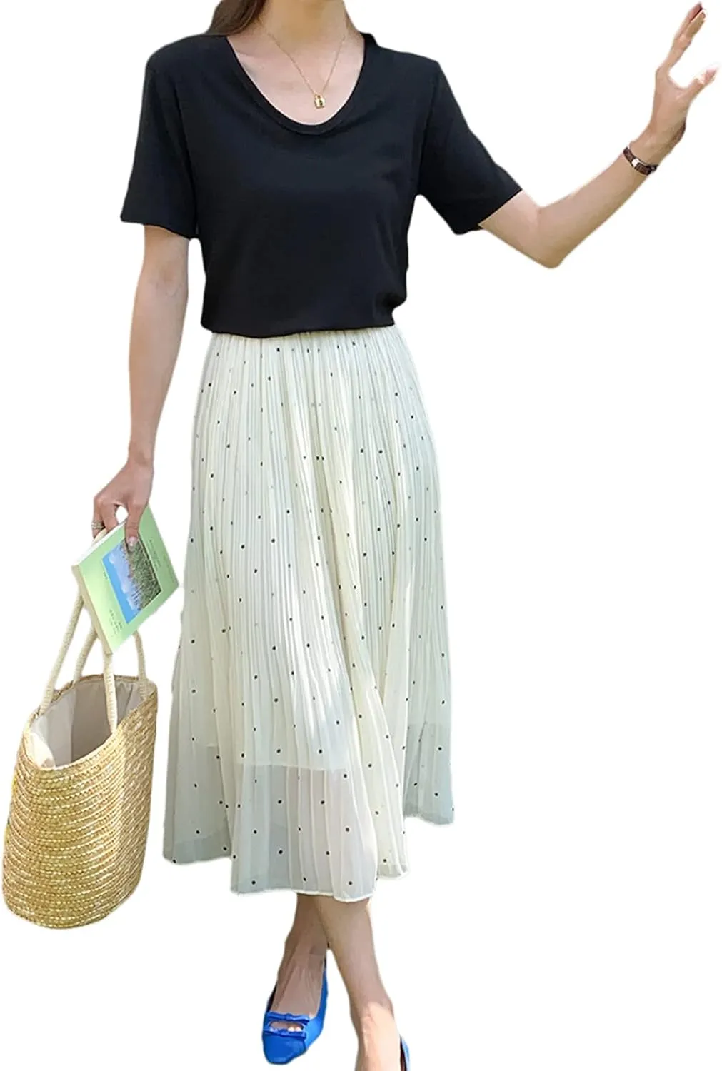 Women's Dot Print Midi Skirts Elastic High Waist Double Layer Chiffon Pleated Skirts Summer Casual A-line Skirts