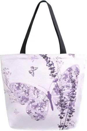 Womens Extra Large Canvas Shoulder Grocery Tote Bag, Art Lavender Butterfly Durable Daily Handle Bag for Gym Yoga Weekender Picnic Beach Travel Kitchen Reusable Market Shopping