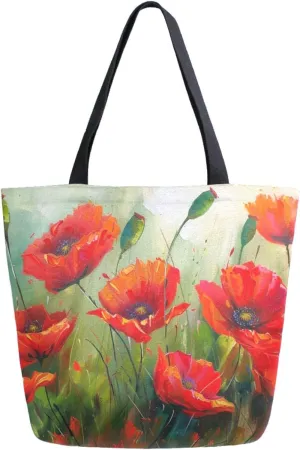 Womens Extra Large Canvas Shoulder Grocery Tote Bag, Beautiful Blooming Red Poppy Flowers Filed Durable Daily Handle Bag for Gym Yoga Weekender Picnic Beach Travel Kitchen Reusable Market Shopping