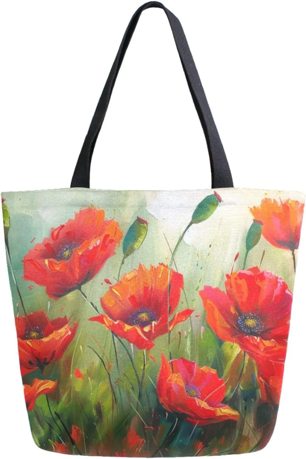 Womens Extra Large Canvas Shoulder Grocery Tote Bag, Beautiful Blooming Red Poppy Flowers Filed Durable Daily Handle Bag for Gym Yoga Weekender Picnic Beach Travel Kitchen Reusable Market Shopping