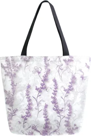 Womens Extra Large Canvas Shoulder Grocery Tote Bag, Beautiful Fresh Lavender Flowers Durable Daily Handle Bag for Gym Yoga Weekender Picnic Beach Travel Kitchen Reusable Market Shopping