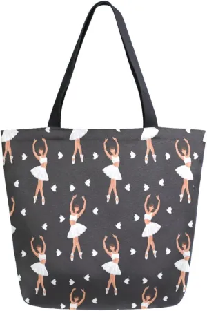 Womens Extra Large Canvas Shoulder Grocery Tote Bag, Dancing Ballerina Silhouette Hearts Durable Daily Handle Bag for Gym Yoga Weekender Picnic Beach Travel Kitchen Reusable Market Shopping