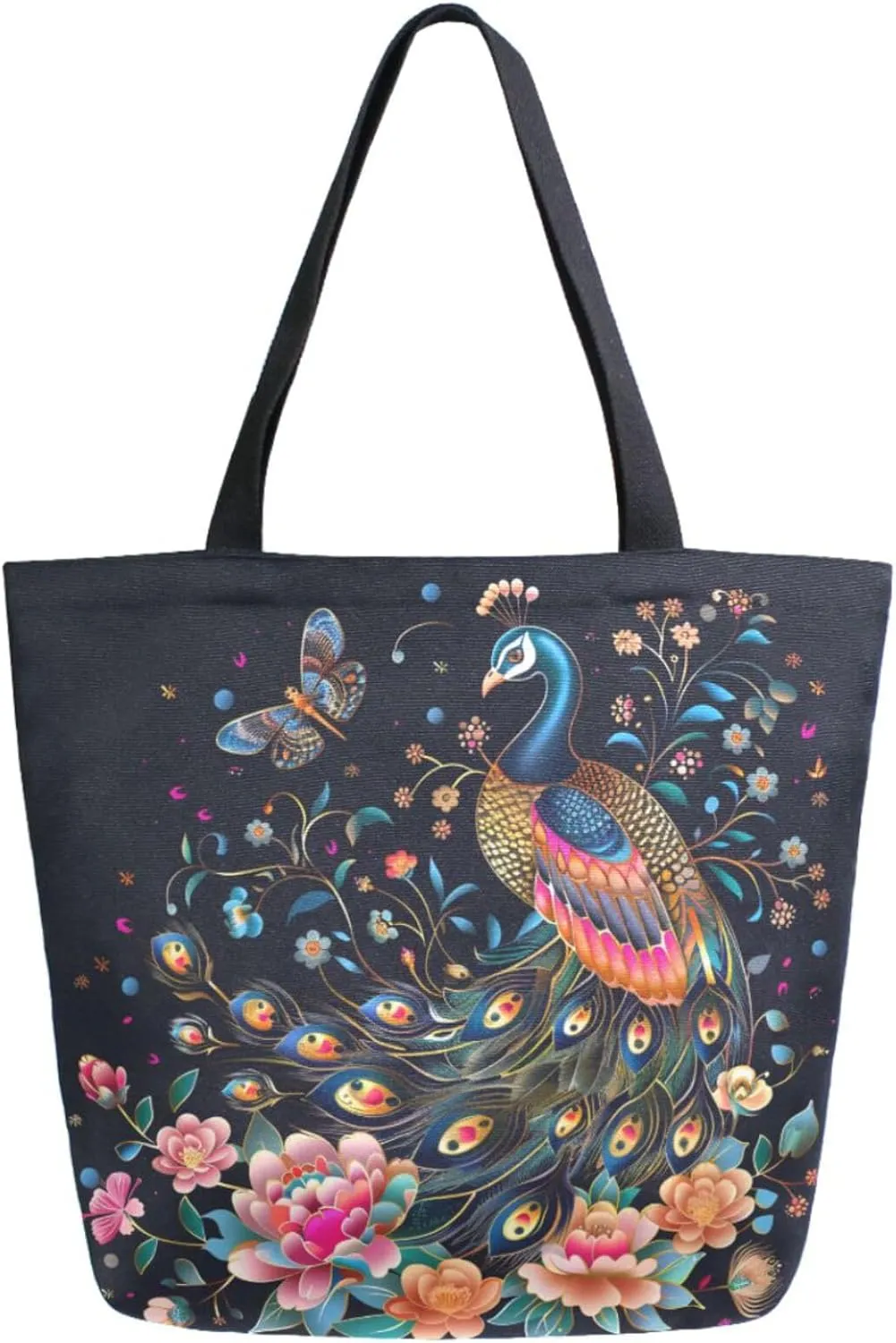 Womens Extra Large Canvas Shoulder Grocery Tote Bag, Ethnic Flowers Peacock Butterfly Durable Daily Handle Bag for Gym Yoga Weekender Picnic Beach Travel Kitchen Reusable Market Shopping