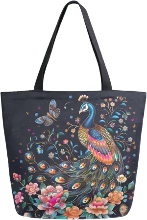 Womens Extra Large Canvas Shoulder Grocery Tote Bag, Ethnic Flowers Peacock Butterfly Durable Daily Handle Bag for Gym Yoga Weekender Picnic Beach Travel Kitchen Reusable Market Shopping