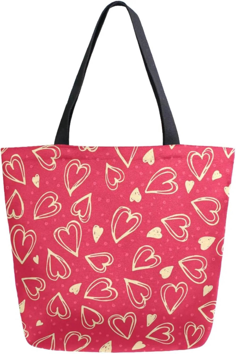 Womens Extra Large Canvas Shoulder Grocery Tote Bag, Lovely Hearts Red Floral Valentine's Day Durable Daily Handle Bag for Gym Yoga Weekender Picnic Beach Travel Kitchen Reusable Market Shopping