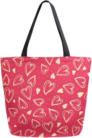 Womens Extra Large Canvas Shoulder Grocery Tote Bag, Lovely Hearts Red Floral Valentine's Day Durable Daily Handle Bag for Gym Yoga Weekender Picnic Beach Travel Kitchen Reusable Market Shopping