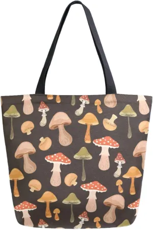 Womens Extra Large Canvas Shoulder Grocery Tote Bag, Retro Floral Mushrooms Durable Daily Handle Bag for Gym Yoga Weekender Picnic Beach Travel Kitchen Reusable Market Shopping