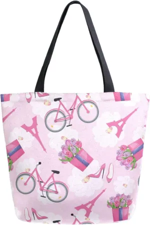 Womens Extra Large Canvas Shoulder Grocery Tote Bag, Romantic French Eiffel Tower Bicycle Durable Daily Handle Bag for Gym Yoga Weekender Picnic Beach Travel Kitchen Reusable Market Shopping