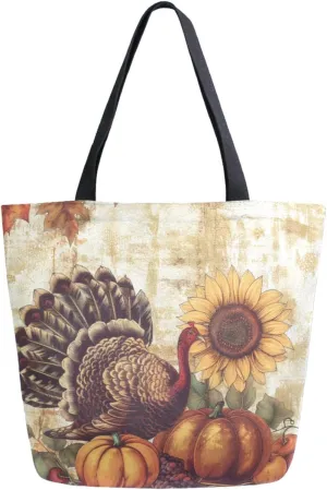 Womens Extra Large Canvas Shoulder Grocery Tote Bag, Thanksgiving Day Turkey Fruits Durable Daily Handle Bag for Gym Yoga Weekender Picnic Beach Travel Kitchen Reusable Market Shopping