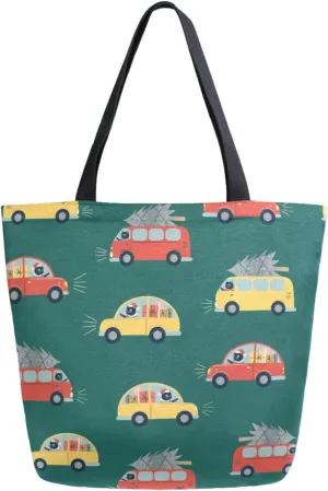 Womens Extra Large Shoulder Grocery Tote Bag, Black Cat in Christmas Cars Green Canvas Durable Daily Handle Bag Reusable for Gym Yoga Weekender Picnic Beach Travel Kitchen Market Shopping