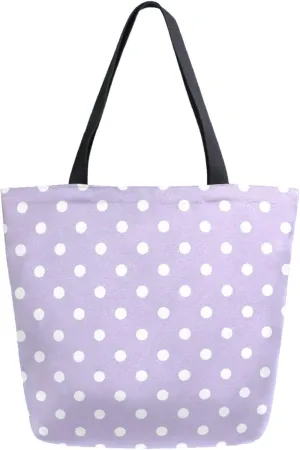 Womens Extra Large Shoulder Grocery Tote Bag, Cute Polka Dots Purple Floral Canvas Durable Daily Handle Bag Reusable for Gym Yoga Weekender Picnic Beach Travel Kitchen Market Shopping