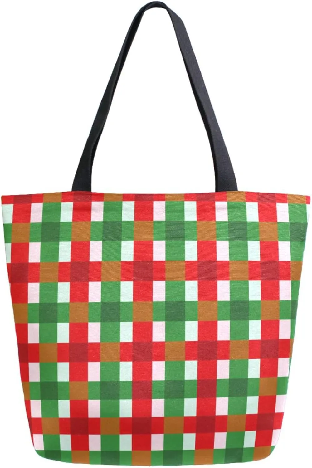 Womens Extra Large Shoulder Grocery Tote Bag, Green Red Plaid Tartan Christmas Checks Canvas Durable Daily Handle Bag Reusable for Gym Yoga Weekender Picnic Beach Travel Kitchen Market Shopping