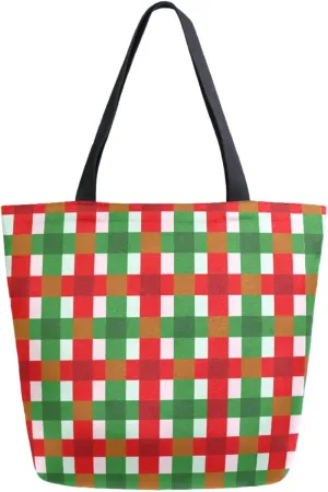 Womens Extra Large Shoulder Grocery Tote Bag, Green Red Plaid Tartan Christmas Checks Canvas Durable Daily Handle Bag Reusable for Gym Yoga Weekender Picnic Beach Travel Kitchen Market Shopping