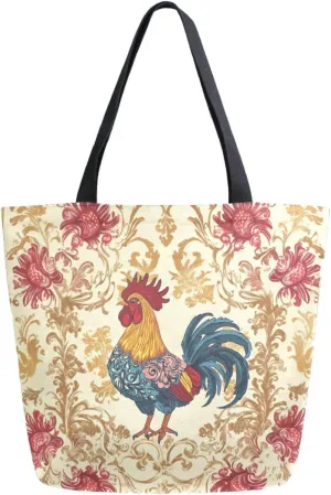 Womens Extra Large Shoulder Grocery Tote Bag, Retro Rooster Ethnic Floral Canvas Durable Daily Handle Bag Reusable for Gym Yoga Weekender Picnic Beach Travel Kitchen Market Shopping