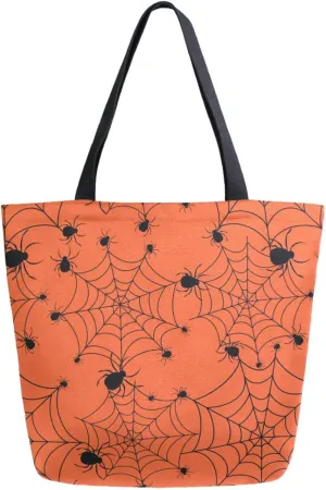 Womens Extra Large Shoulder Grocery Tote Bag, Spider on Wed Orange Halloween Canvas Durable Daily Handle Bag Reusable for Gym Yoga Weekender Picnic Beach Travel Kitchen Market Shopping