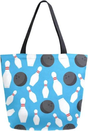 Womens Extra Large Shoulder Grocery Tote Bag, Sport Bowling Ball Cartoon Blue Canvas Durable Daily Handle Bag Reusable for Gym Yoga Weekender Picnic Beach Travel Kitchen Market Shopping