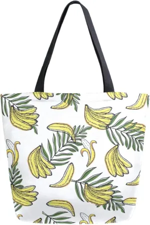 Womens Extra Large Shoulder Grocery Tote Bag, Yellow Bananas Tropical Leaves Canvas Durable Daily Handle Bag Reusable for Gym Yoga Weekender Picnic Beach Travel Kitchen Market Shopping