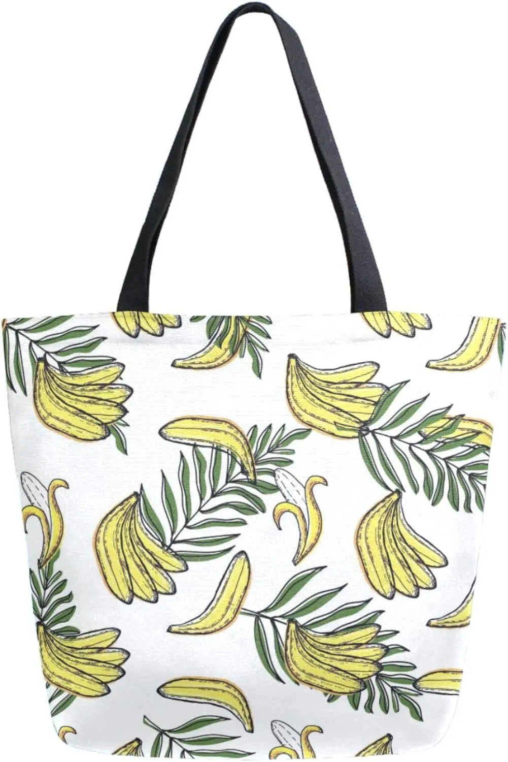 Womens Extra Large Shoulder Grocery Tote Bag, Yellow Bananas Tropical Leaves Canvas Durable Daily Handle Bag Reusable for Gym Yoga Weekender Picnic Beach Travel Kitchen Market Shopping