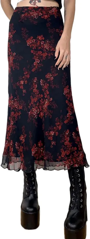 Women's Fairy Grunge Midi Skirt High Waist Vintage A-Line Long Skirt Lace Up Solid Color Y2K Streetwear Clothes (Black, M)