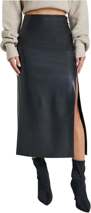 Women's Faux Leather Midi Skirt High Waisted Side Split Party Club Long Bodycon Skirts
