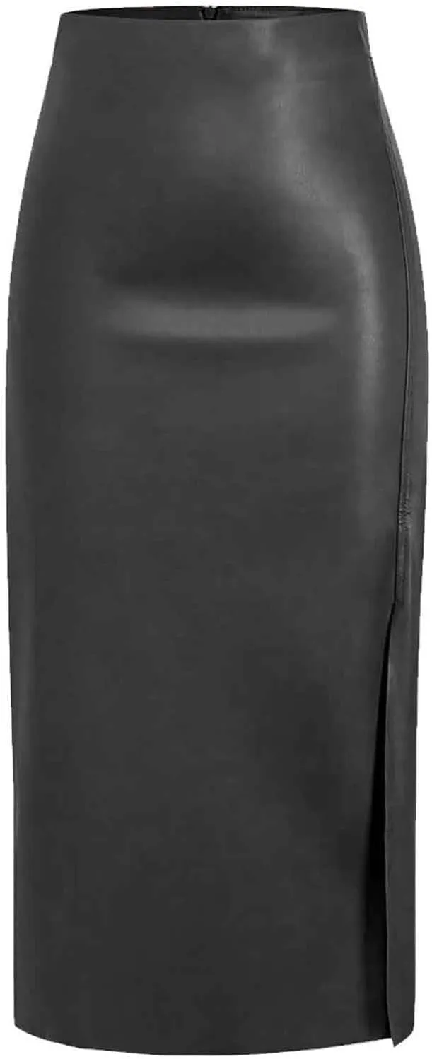 Women's Faux Leather Midi Skirt High Waisted Side Split Party Club Long Bodycon Skirts