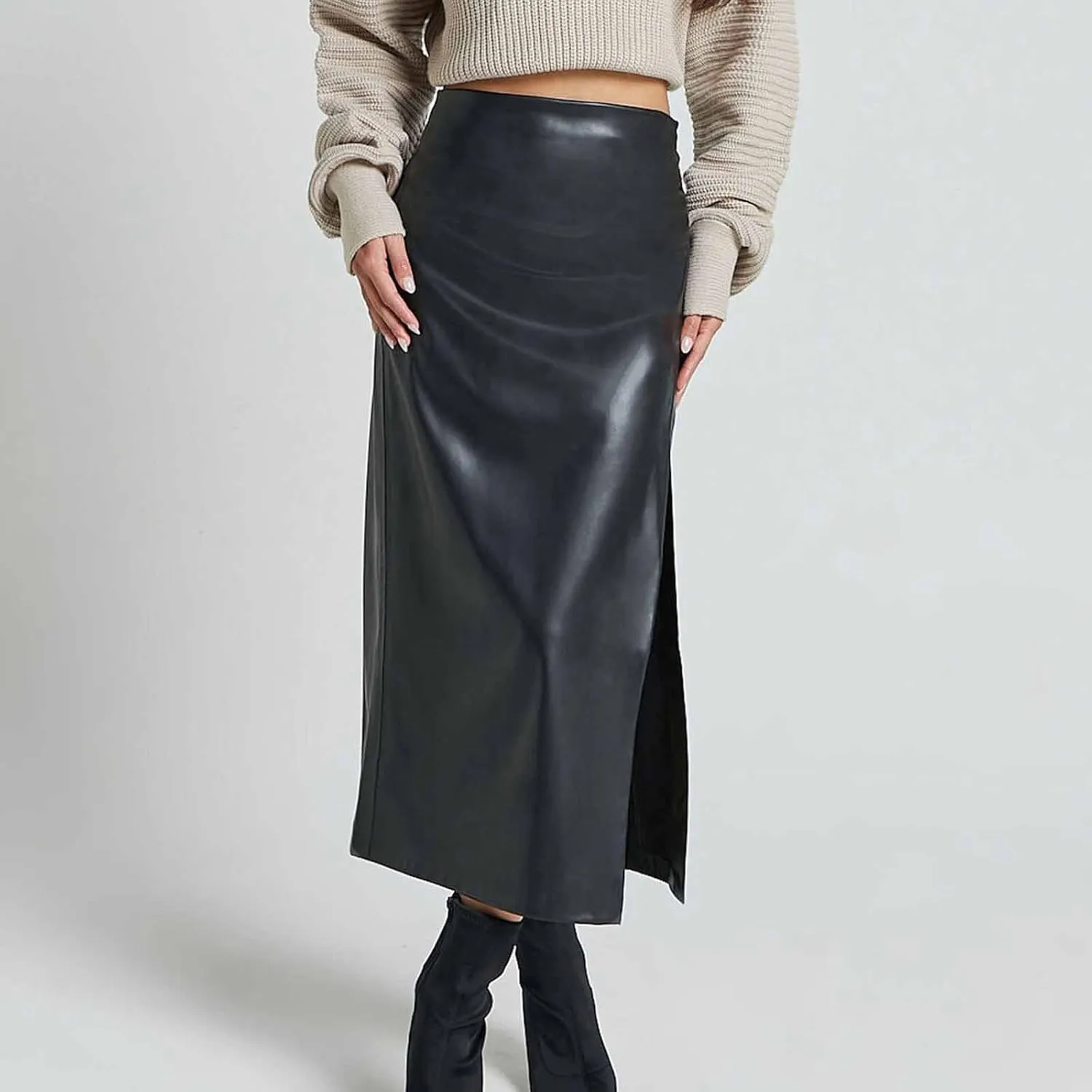 Women's Faux Leather Midi Skirt High Waisted Side Split Party Club Long Bodycon Skirts
