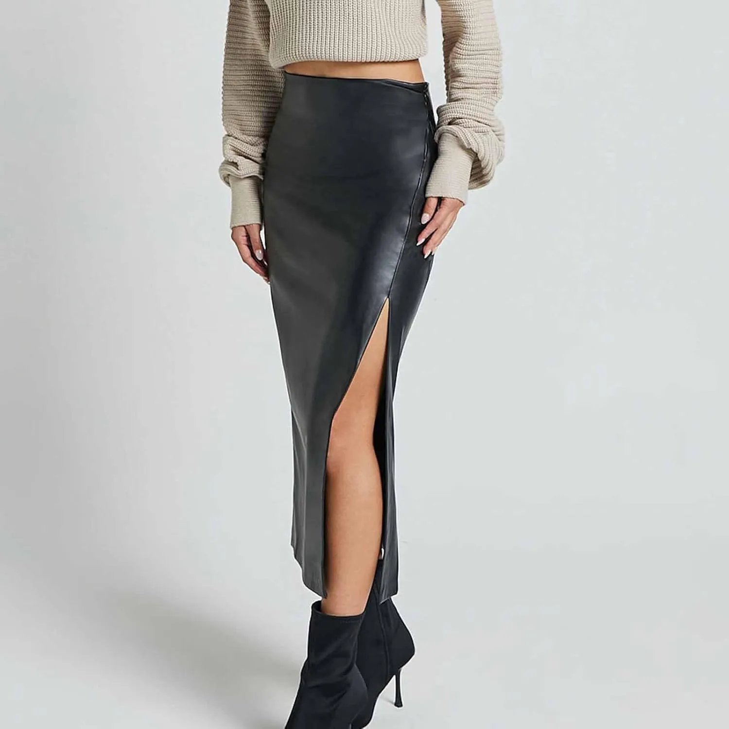 Women's Faux Leather Midi Skirt High Waisted Side Split Party Club Long Bodycon Skirts