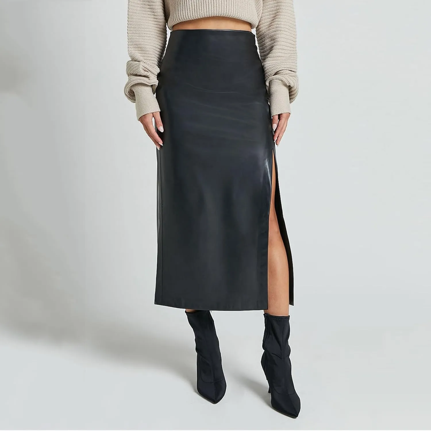 Women's Faux Leather Midi Skirt High Waisted Side Split Party Club Long Bodycon Skirts