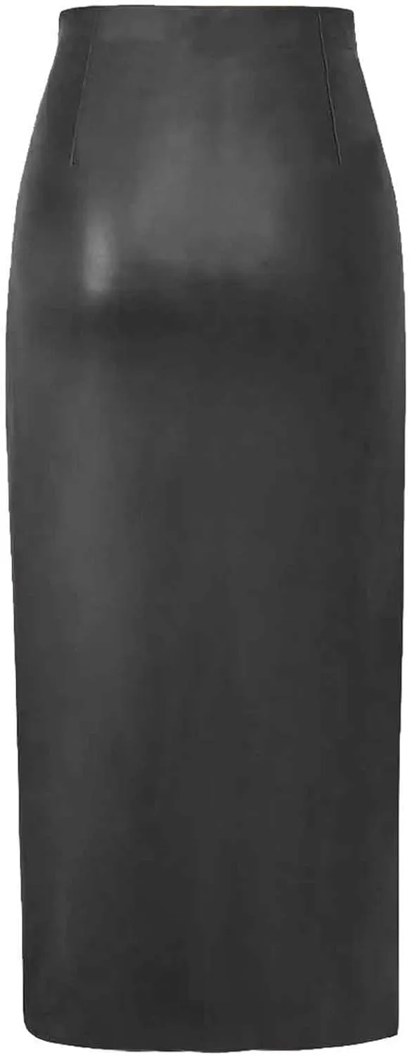 Women's Faux Leather Midi Skirt High Waisted Side Split Party Club Long Bodycon Skirts