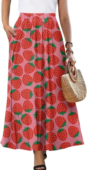 Women's Flowy Maxi Skirt High Waist Leopard Skirts with Pockets Elegant Going Out Work Party A-Line Skirt Summer