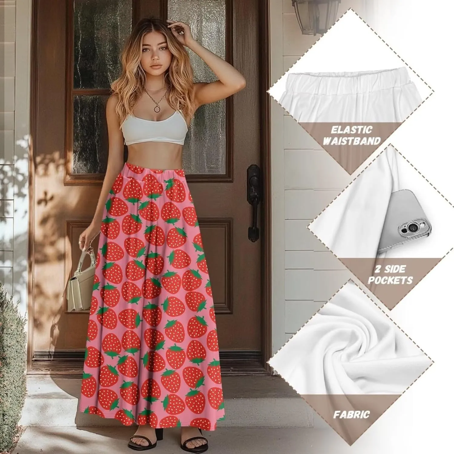 Women's Flowy Maxi Skirt High Waist Leopard Skirts with Pockets Elegant Going Out Work Party A-Line Skirt Summer