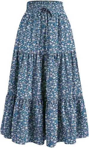 Womens High Waisted Elastic Skirt 2025 Trendy Casual Print Long Skirt Summer Flowy Swing Pleated A-Line Maxi Skirts