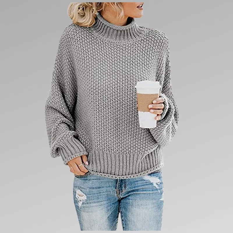 Womens Knitted Sweater  Wool Blend  Oversized Fit  Turtleneck Ribbed Hem