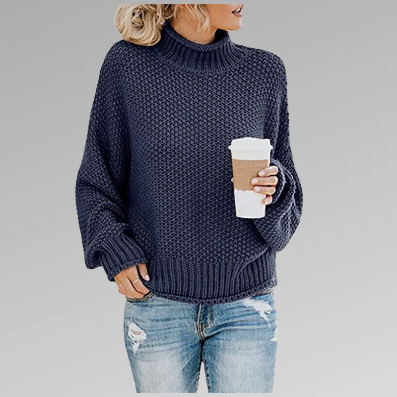 Womens Knitted Sweater  Wool Blend  Oversized Fit  Turtleneck Ribbed Hem