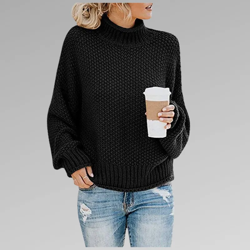 Womens Knitted Sweater  Wool Blend  Oversized Fit  Turtleneck Ribbed Hem