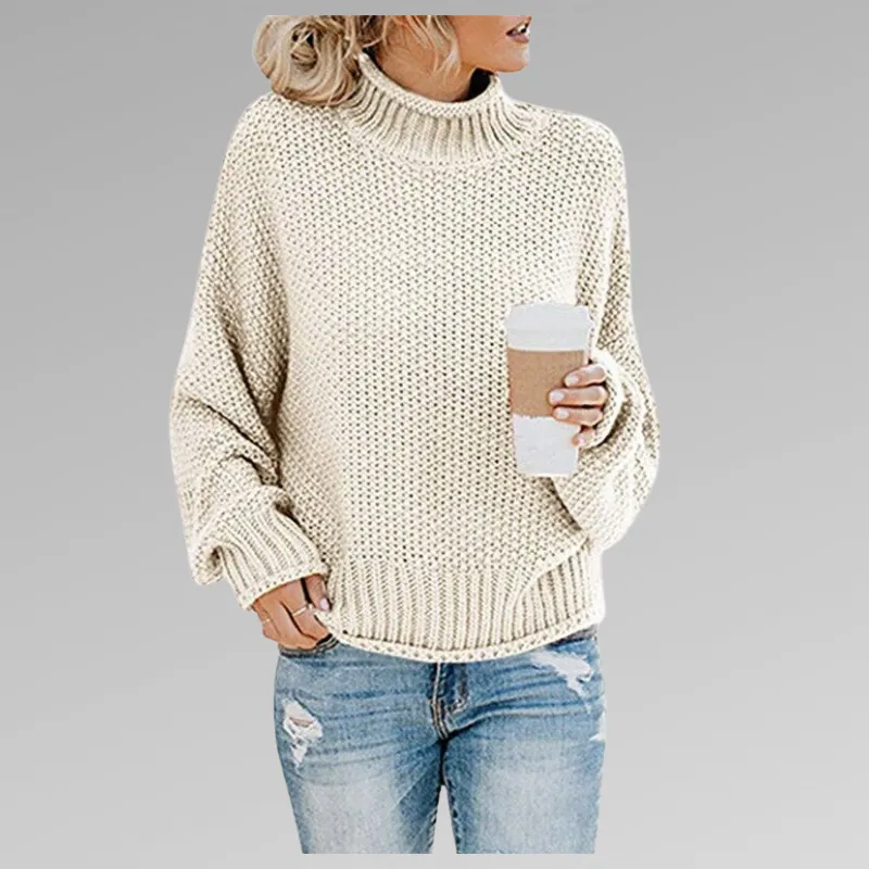 Womens Knitted Sweater  Wool Blend  Oversized Fit  Turtleneck Ribbed Hem