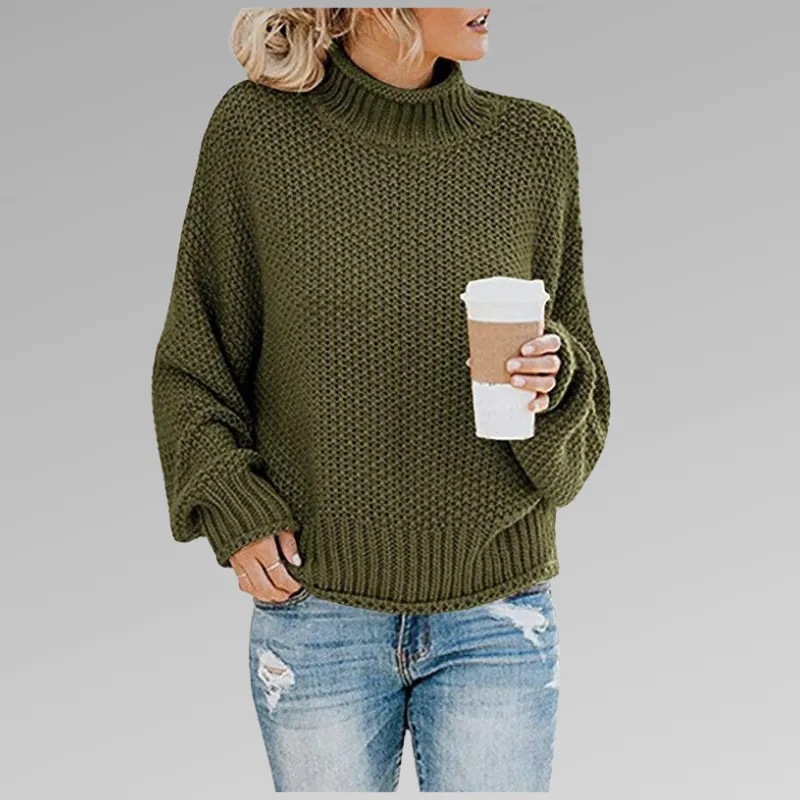 Womens Knitted Sweater  Wool Blend  Oversized Fit  Turtleneck Ribbed Hem