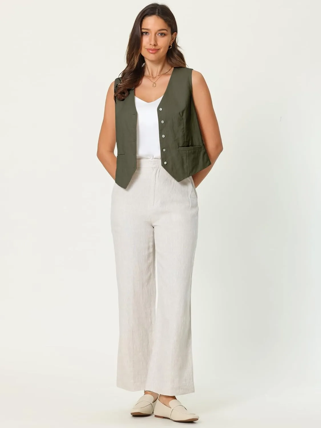 Women's Linen Vest Sleeveless Button Down V Neck Formal Business Waistcoat