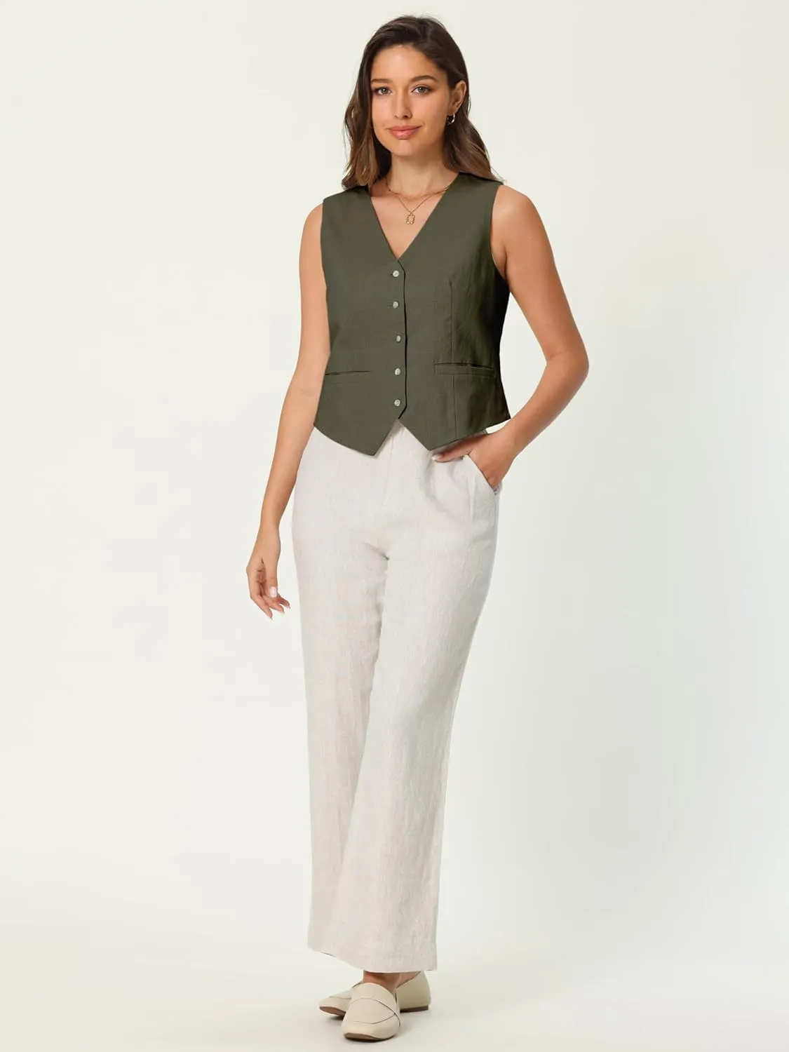 Women's Linen Vest Sleeveless Button Down V Neck Formal Business Waistcoat